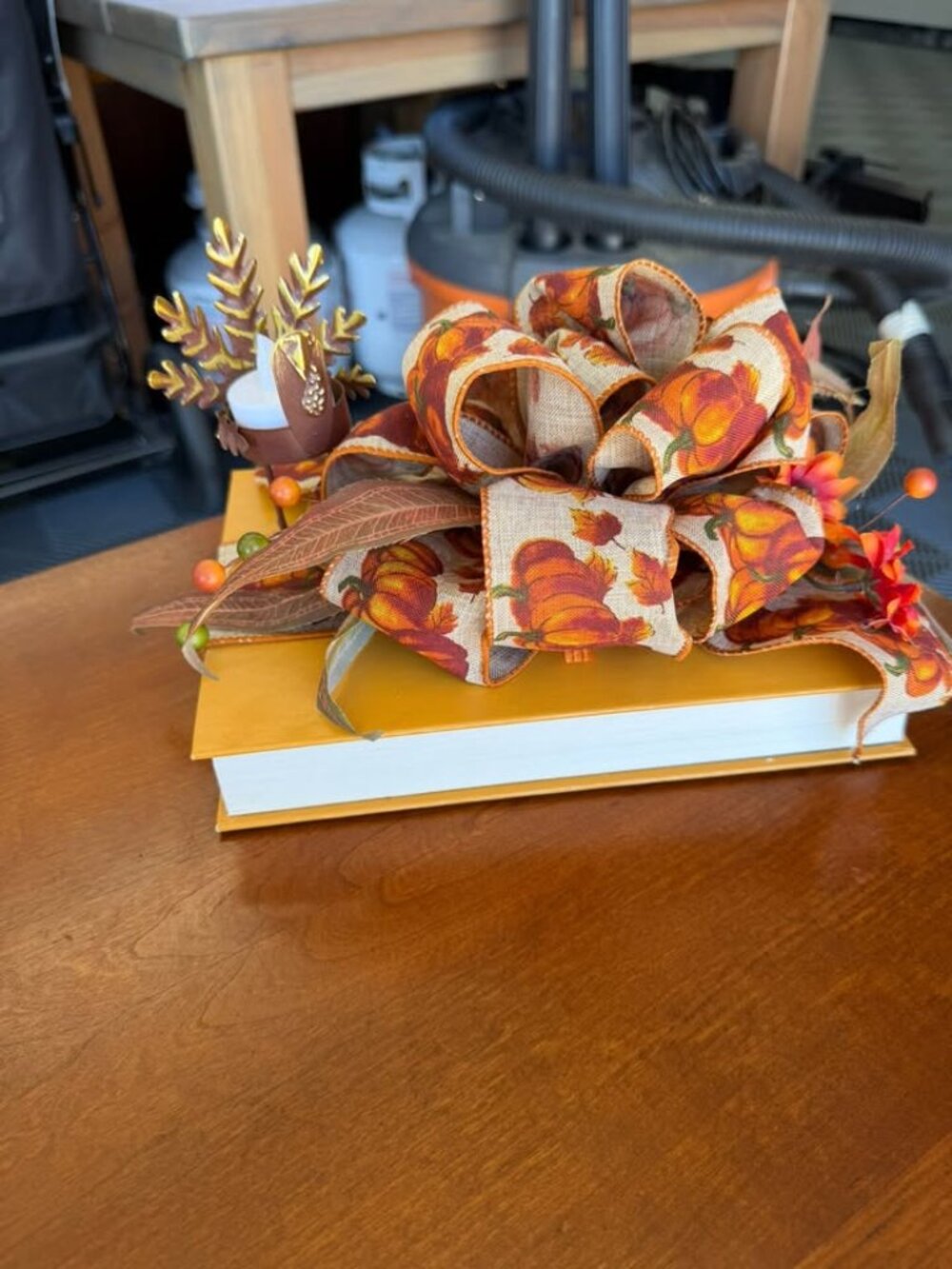 Fall Decorative Book Centerpiece with Pumpkin Ribbon & Autumn Accents